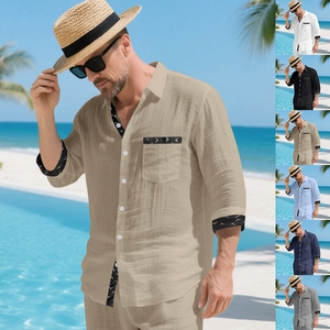 Men's casual linen long sleeve shirt with ethnic print trim and multiple color options