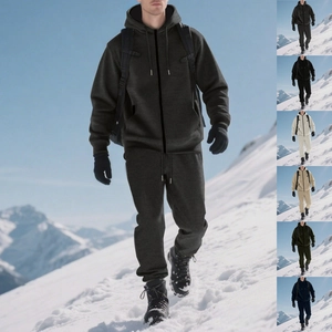Men's thermal fleece hooded track suit with zip cardigan and joggers for winter hiking