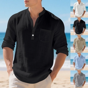 Men's loose linen Henley shirt with long sleeves and chest pocket in casual beach style