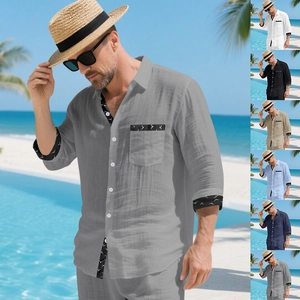 Men's linen long sleeve beach shirt set with stylish contrast trim and button-up front