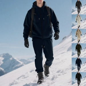 Men's winter hooded fleece tracksuit with zip-up cardigan jacket and joggers in navy blue