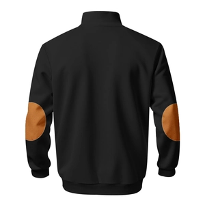 Achteraanzicht van zwarte herensweatshirt met bruine elleboogstukken in vintage stijl