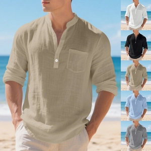 Men's loose linen Henley shirt with V-neck long sleeves and pocket for beach wear