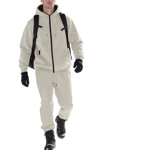 Men's autumn solid color fleece hooded zip sweatshirt and jogger pants sports set