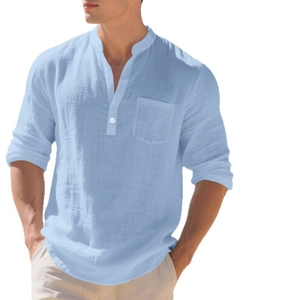 Men's light blue breathable linen Henley shirt with long sleeves and front pocket