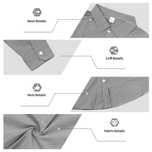 Close-up of gray linen shirt features sharp collar buttoned cuffs and curved hem detail