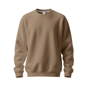 Detail von khakifarbenem Sweatshirt mit Rundhalsausschnitt, Rippbündchen und Größenetikett M