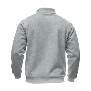Back view of a gray stand collar fleece sweatshirt with ribbed cuffs and hem details