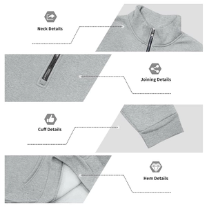 Detail of metal zipper, stitching craftsmanship, and ribbed cuffs on grey fleece sweatshirt