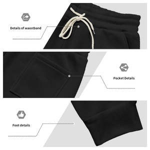 Detail of men's black fleece joggers showing elastic waistband with drawstring and ribbed cuffs