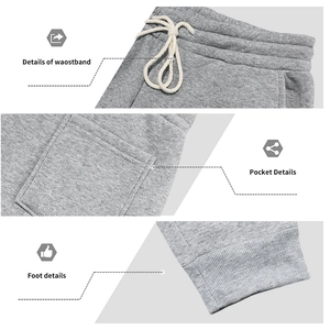 Detail view of grey knit joggers featuring drawstring waist, side pockets and ribbed cuffs