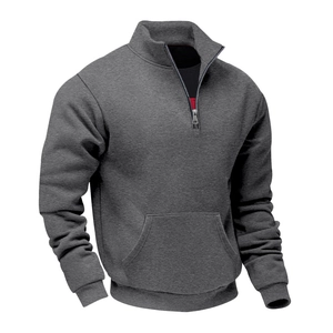 Detailed view of grey quarter-zip fleece sweatshirt with a front kangaroo pocket