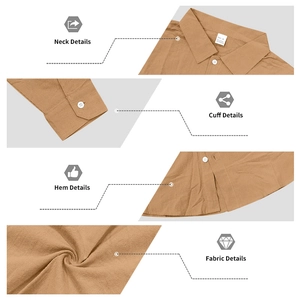 Detail shots of khaki linen-blend shirt showing collar, cuffs and fabric texture