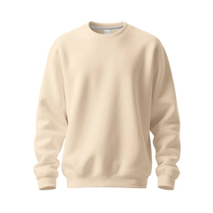 Detailansicht eines cremefarbenen Sweatshirts mit Rundhalsausschnitt und Größenetikett M
