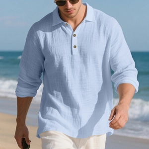 Men's light blue long sleeve linen polo shirt with rustic texture for beach vacation