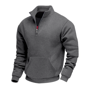 Detail of men's dark grey quarter-zip fleece sweatshirt with a large kangaroo pocket