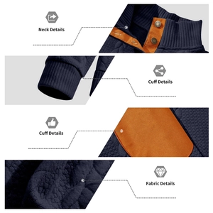 Detailweergave van de opstaande kraag en oranje voering op donkerblauw gestructureerd sweatshirt