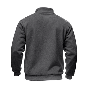 Back view of thick charcoal grey fleece jacket featuring ribbed cuffs and a stand collar