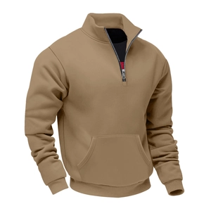 Detail view of khaki half-zip sweatshirt with stand collar and front kangaroo pocket