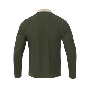 Détail du dos du polo en maille olive pour homme avec bordure de col couleur kaki