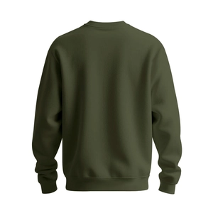 Rückansicht eines dunkelolivgrünen Sweatshirts mit Rundhalsausschnitt und Rippbündchen