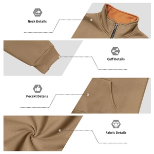 Detailweergave van de ritskraag, geribbelde manchetten en kangoeroezak op de camel hoodie