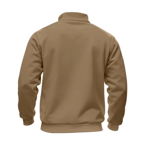 Rear view of khaki fleece-lined bomber jacket showing ribbed cuffs and stand collar