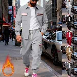 Survêtement cargo en polaire pour hommes avec veste à revers et jogging à bandes rayées