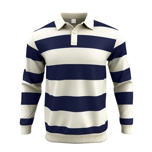 Polo da uomo a maniche lunghe casual con strisce orizzontali blu navy e beige e colletto polo