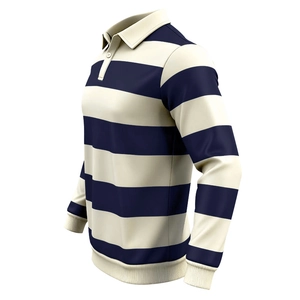 Rendering 3D di una polo a maniche lunghe a righe blu e crema con polsini a coste elastiche