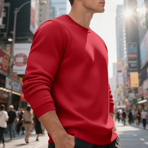 Detail eines roten Sweatshirts mit Rundhalsausschnitt und Rippbündchen aus Baumwolle