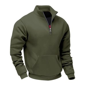 Detail of army green quarter-zip pullover fleece sweatshirt with a kangaroo pocket