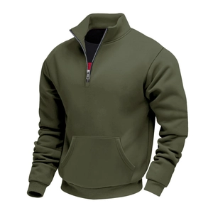 Detail of olive green half-zip sweatshirt with high neck and kangaroo pocket