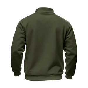 Back view of army green bomber jacket with ribbed cuffs and stand collar design
