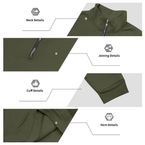 Detailed views of army green fleece sweatshirt showing zipper neck and ribbed cuffs
