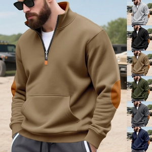 Heren fleece sweatshirt met halve rits, elleboogstukken en kangoeroezak in khaki