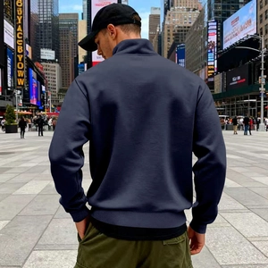 Rear view of men's dark blue stand collar sweatshirt with ribbed hem and cuffs