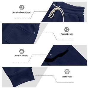 Vues détaillées du pantalon de jogging bleu marine avec taille à cordon et poches