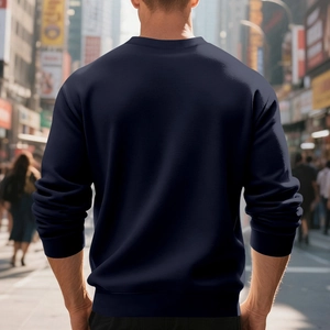 Rückansicht eines marineblauen Langarm-Sweatshirts mit gerippten Bündchen und Saum