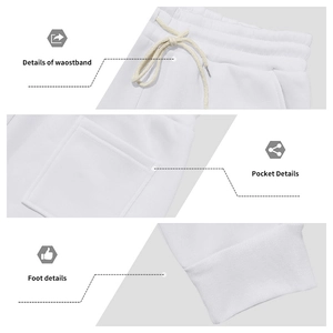 Detailed close-up of white sweatpants showing elastic waistband, side pocket, and ribbed cuff