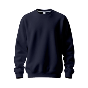 Detailansicht von dunkelblauem Sweatshirt-Halsausschnitt und Größenetikett M