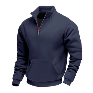Detail view of men's navy half-zip fleece sweatshirt with ribbed cuffs and collar