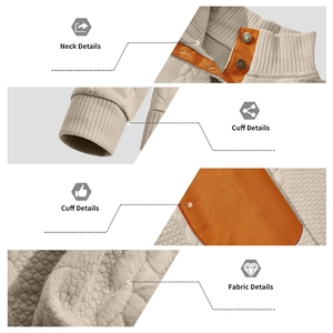 Detailoverzicht van khaki gewatteerd sweatshirt met oranje patchwork en opstaande kraag