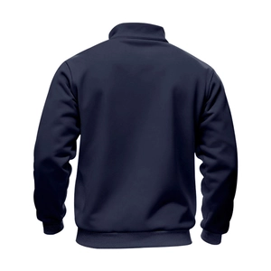 Back view of men's dark blue stand-collar jacket with ribbed cuffs and hem