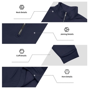 Detail view of navy fleece sweatshirt showing metal zipper, ribbed cuffs and hem stitches