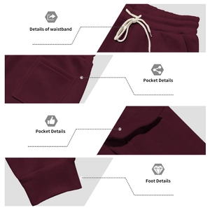 Details von weinroten Jogginghosen mit elastischem Kordelzug am Bund und Seitentaschen