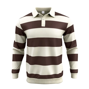 Dettaglio colletto polo a righe con texture 100% poliestere ed etichetta taglia S