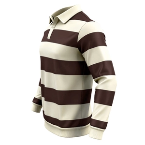 Dettaglio della trama in maglia a righe marroni e beige sulla polo a maniche lunghe