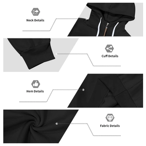 Details von Reißverschluss, Rippbündchen und weichem Fleece-Stoff des schwarzen Hoodies