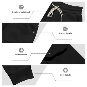 Detailansicht der schwarzen Jogginghose für Herren mit Kordelzug, Taschen und Rippbündchen